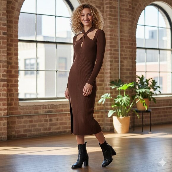ASTR Twisted Mock Neck Ribbed Knit Bodycon Sweater Dress in Brown Size Small NWT - Picture 1 of 11